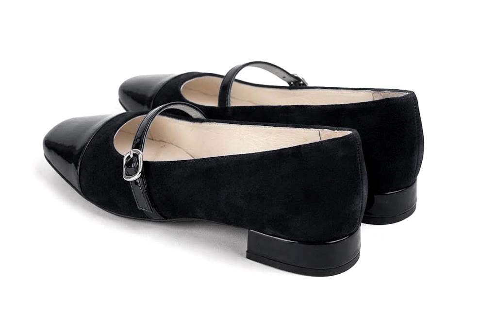 Women's jet black and pitch black low-heel ballet flats with square toe and low block heel - Rear view
